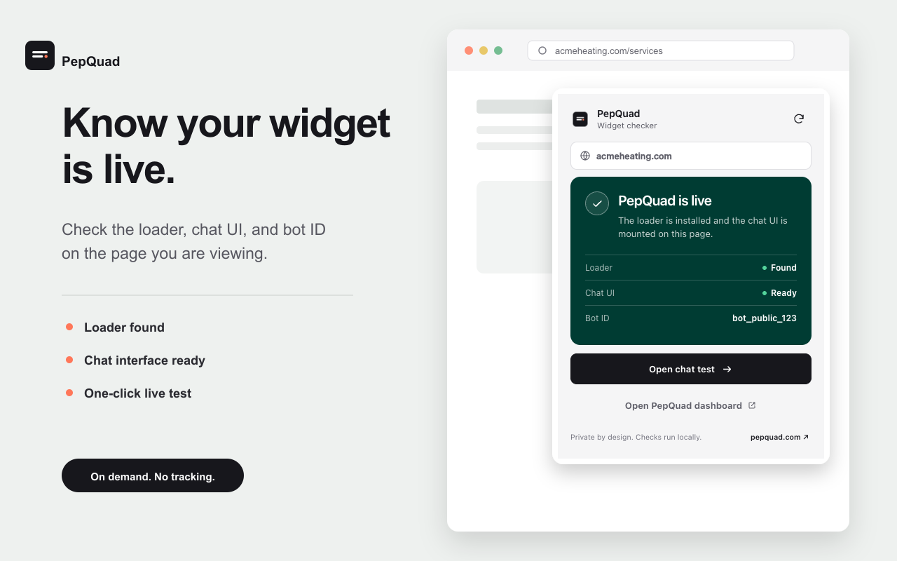 PepQuad Widget Checker reporting that the loader and chat interface are ready on a sample website